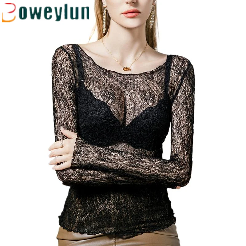 

Boweylun Autumn New Wooden Ear Lace Bottoming Shirt Female See-through Slim Long-sleeved T-shirt Women