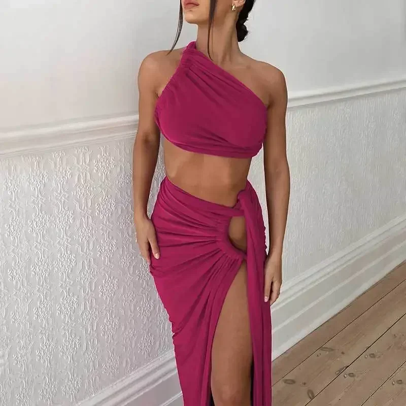 Design 2024 Spring Summer New Arrivals Women's Solid Color Sexy Sleeveless One-Shoulder Vest Split Long Skirt Suit