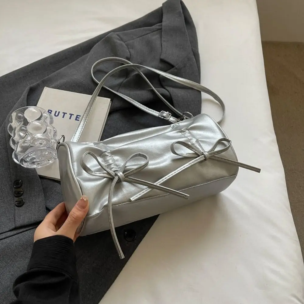 

Leisure Pleated Bow Handbag Korean Style Y2K Bow Tie Shoulder Bag Shopping Bag Cylinder Bag PU Leather Underarm Bag Girls