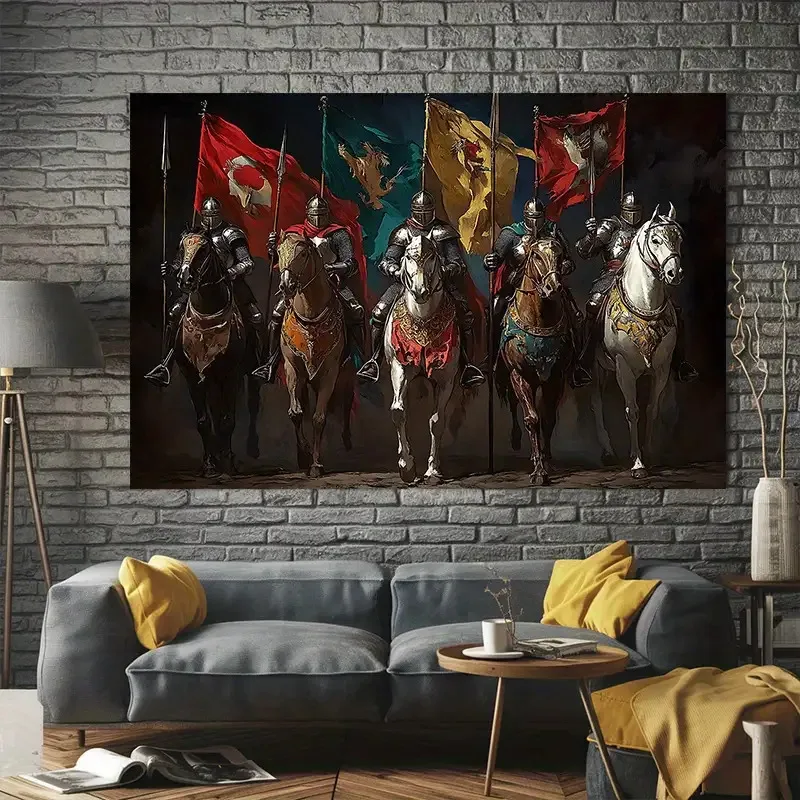 Dramatic Medieval Knights and Horses Tapestry Wall Hanging Fantasy Art Renaissance Banner 150x300cm Decor