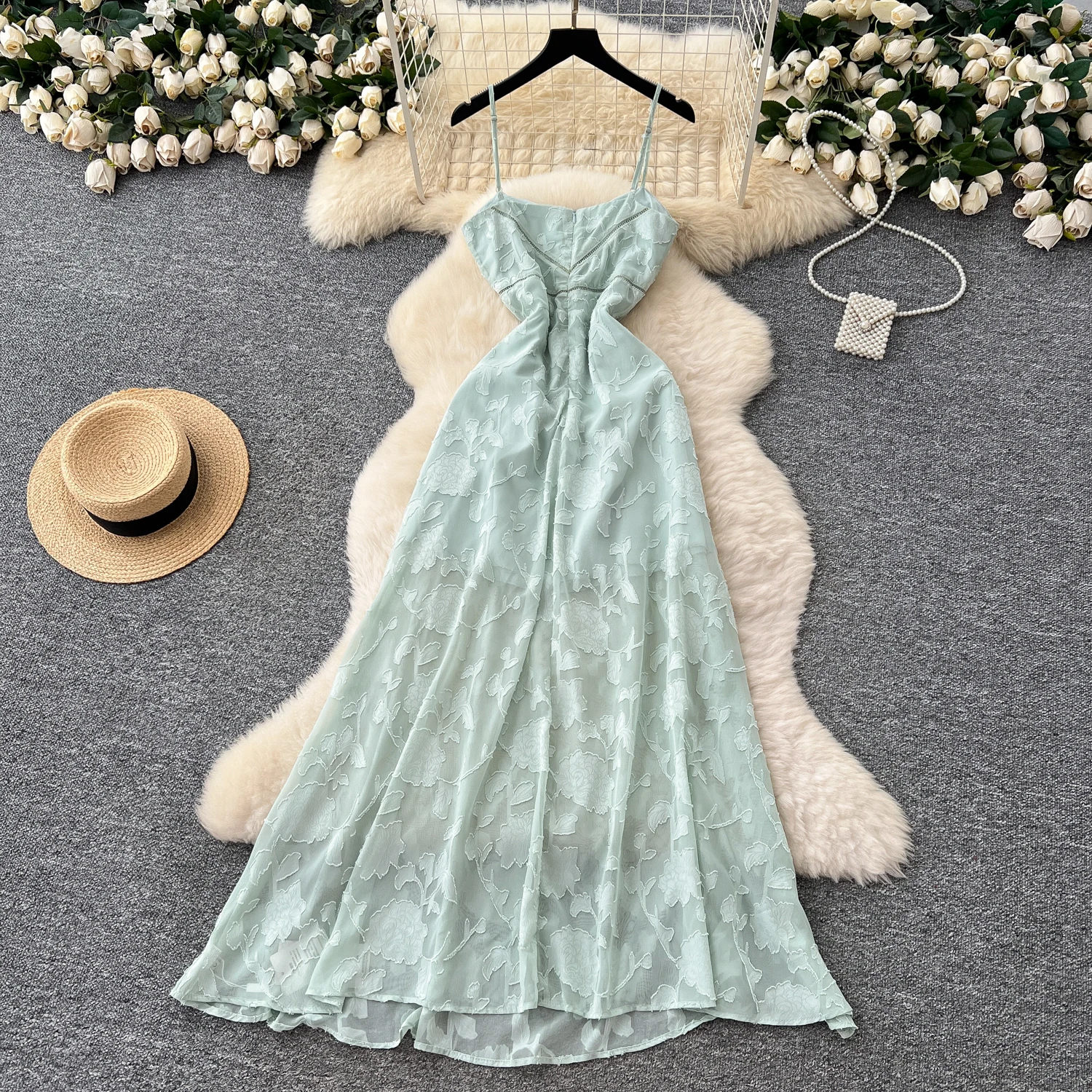 Chic vintage jacquard sin mangas delgado elegante Hada moda coreana Boho vestido veraniego ropa de mujer vestido largo