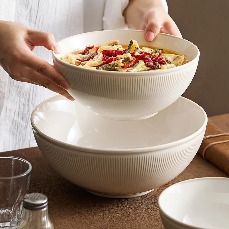 

2024 beige boiled sauerkraut fish large basin bowl simple ceramic soup noodle bowl household ricesalad new