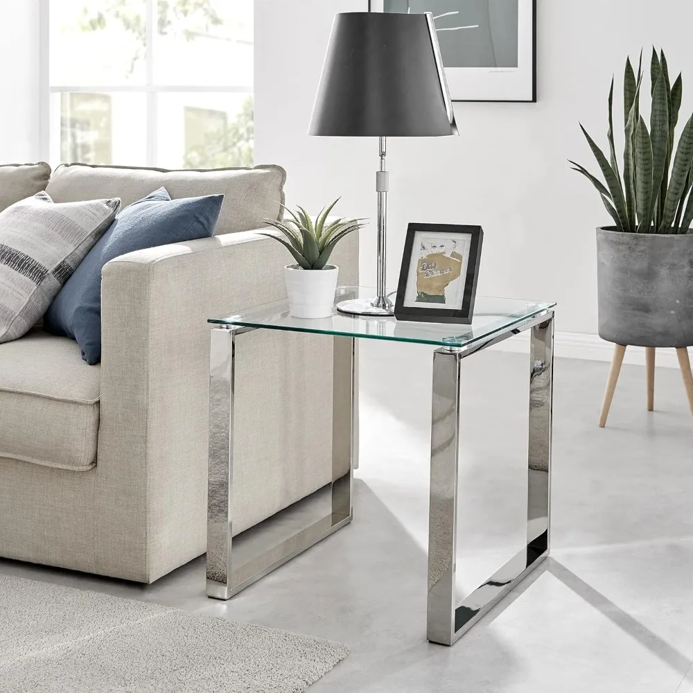 Miami Square Modern Clear Glass and Stylish Chrome Silver Metal Side Table, End Table, Bedside Table - Luxury Minimalist