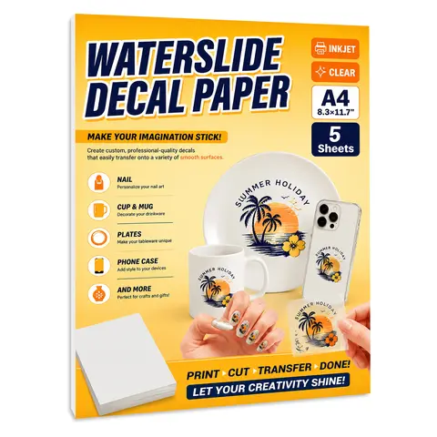 A4 Clear Waterslide Decal Paper Printable Water Transfer Paper for Inkjet Printers 8.3x11.7 Inch Tumblers Mugs Glass Ceramic