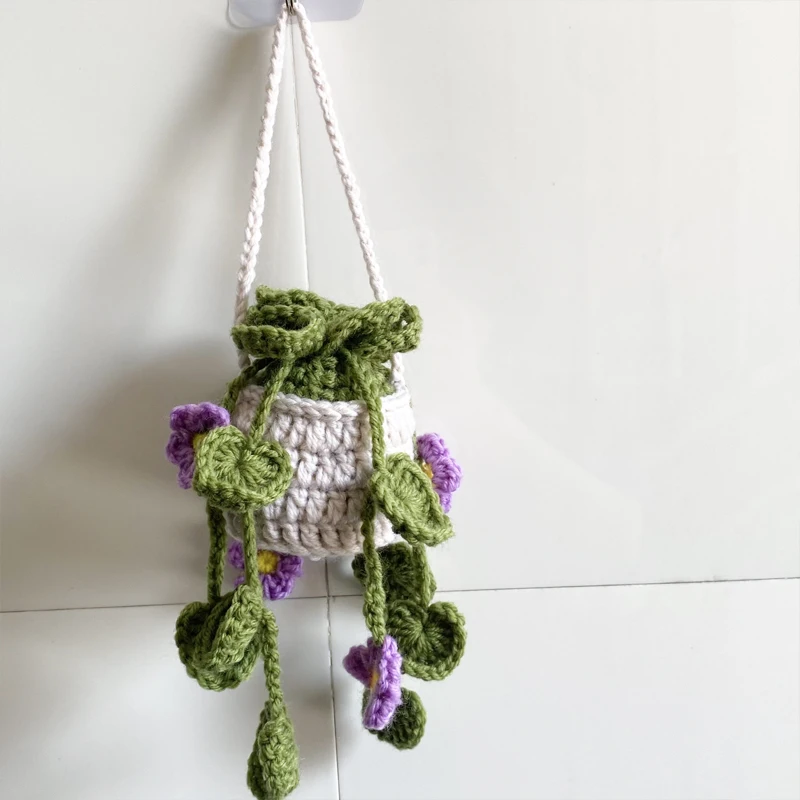 NEW Cute Potted Plants Crochet Car Basket,Hanging Flower Crochet  Car Decor,Car Ornament Rear View Mirror Hanging Accessories