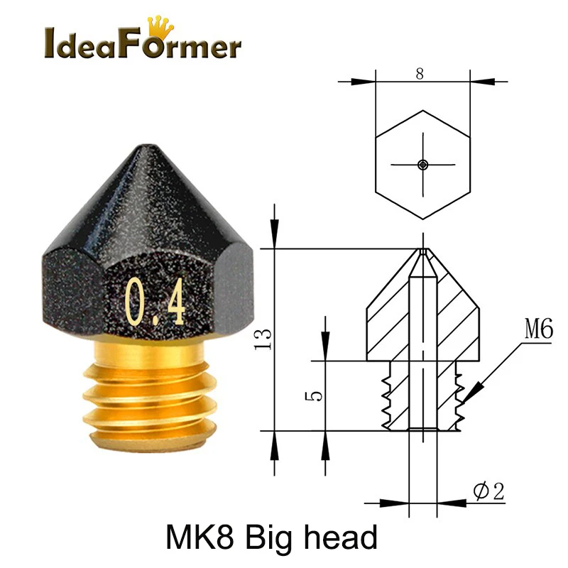 5PCS MK7 MK8/ E3D V6 Volcano Nozzle Brass PTFE Coating 0.2/0.3/0.4/0.5/0.6/0.8/1.0mm Non-stick Nozzle For 1.75mm Filament Hotend