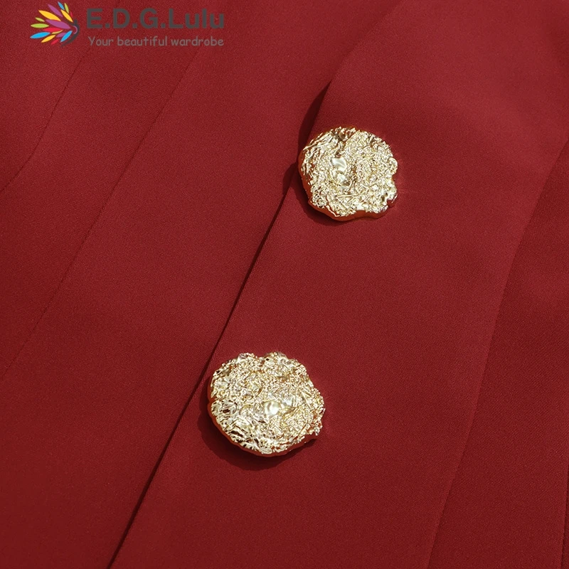 EDGLuLu Korean Fashion Women's Two Pieces Set V-Neck Long Sleeved Suit Jacket+Straight Leg Pants Red Suit 1205