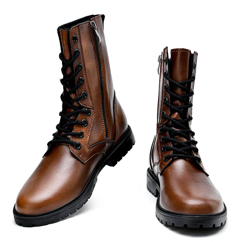 Men's Brown Leather Combat Boots High-Top Lace-Up with Side Zipper Plus Big Size 49 50 51 52
