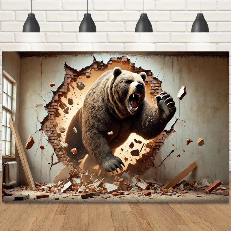 Eine 3D-Bärenwand bricht durch den großen Hintergrundstoff, Polyester-Fotografie-Hintergrundstoff, Geburtstag, Dekoration