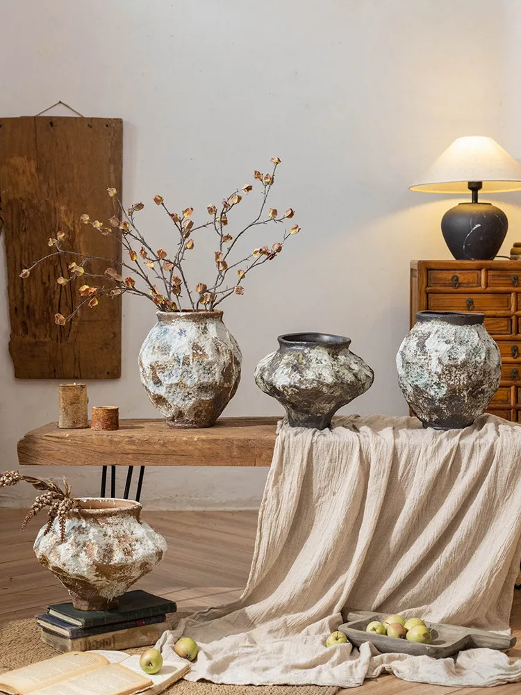Jarrón Vintage de Cerámica Estilo Wabi-Sabi, Adorno Decorativo Premium, Grandes Objetos Decorativos para el Hogar, Floreros Altos de Cerámica Blanca
