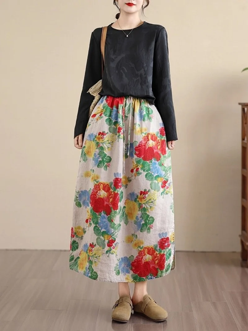 

Женская юбка 2025 летних цветов в стиле отпуска, длинная юбка в стиле ретро для путешествий, хлопковая и льняная однотонная длинная юбка с разрезом w673