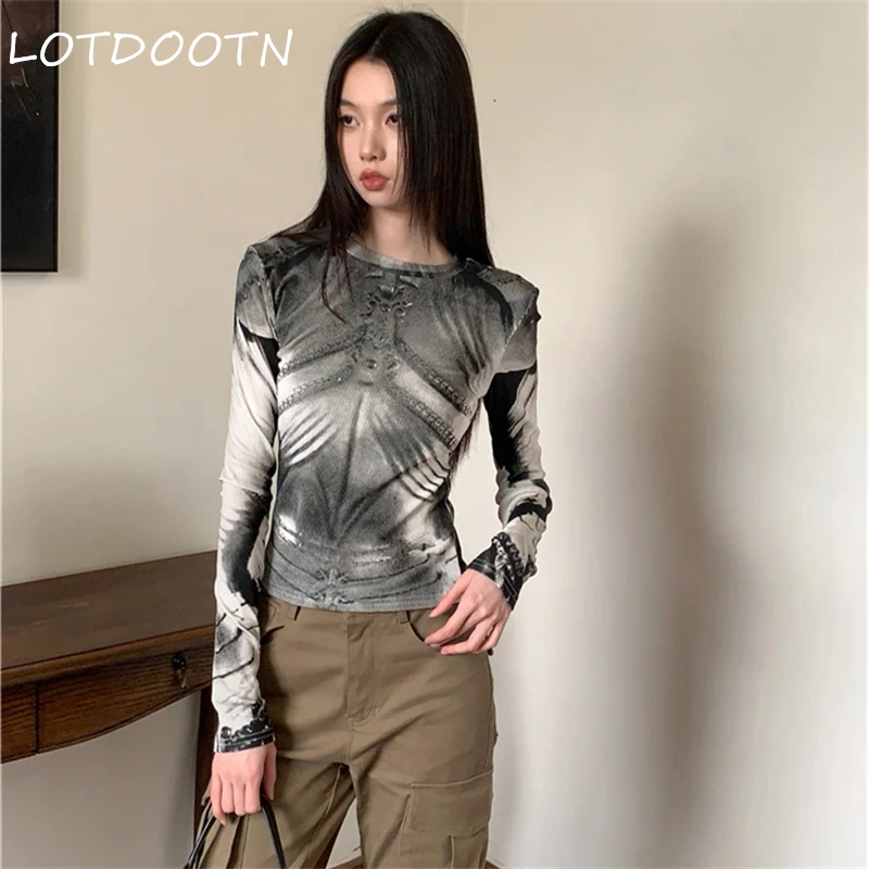

LOTDOOTN Y2k Эстетические панк-винтажные футболки с принтом, осенние рубашки в стиле Харадзюку в стиле гранж, женские тонкие футболки с длинными рукавами, уличная одежда
