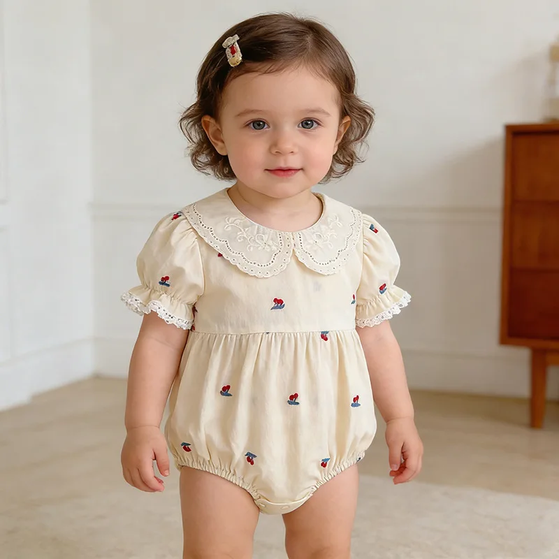 Girls Onesie 2026 Spring and Summer New Childrens Clothes Girls Baby Sweet Short-sleeved Cherry Embroidered Onesie Simple