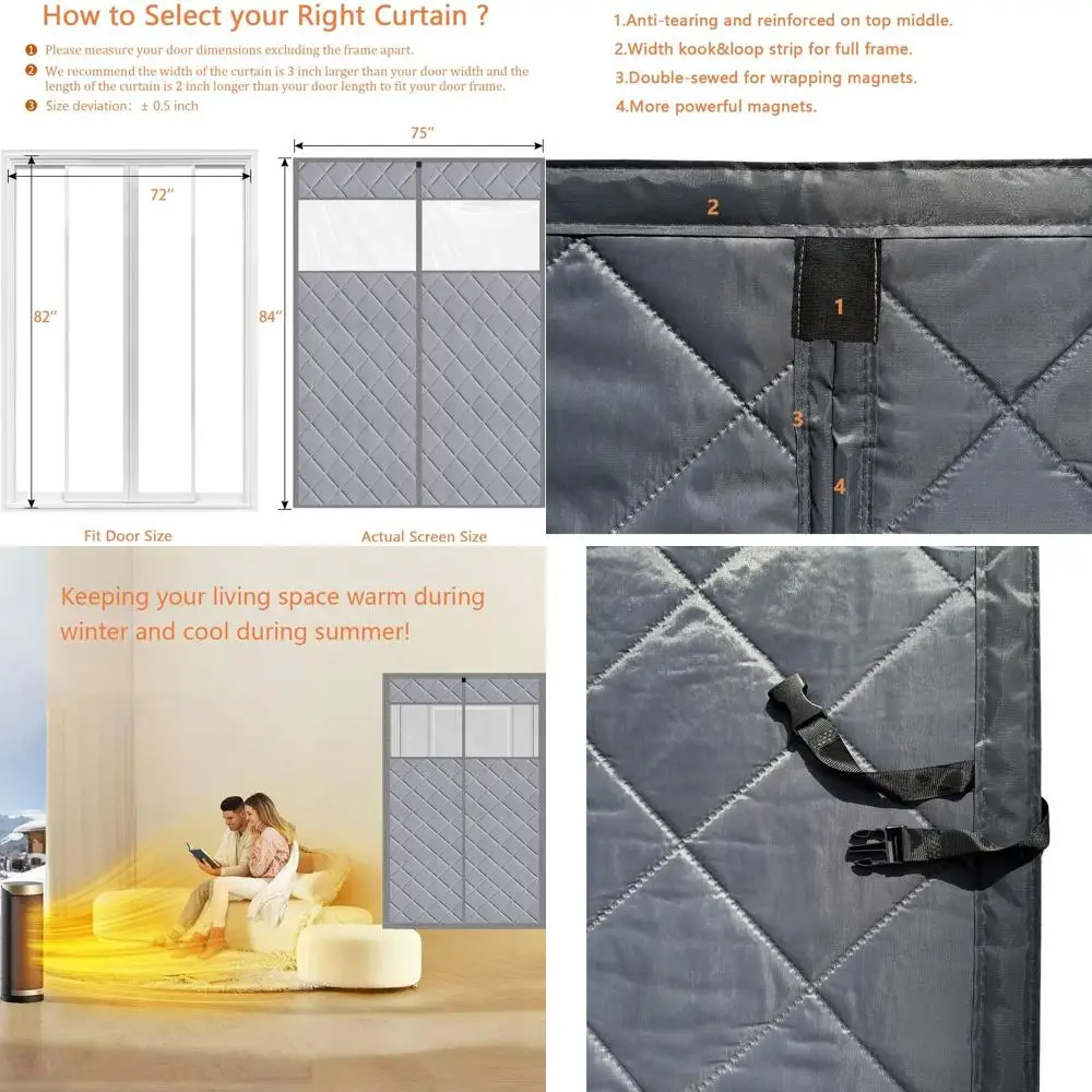 

Дверная занавеска с магнитной изоляцией, 75x84, открытая по центру, серая водонепроницаемая, сохраняет тепло/холодное