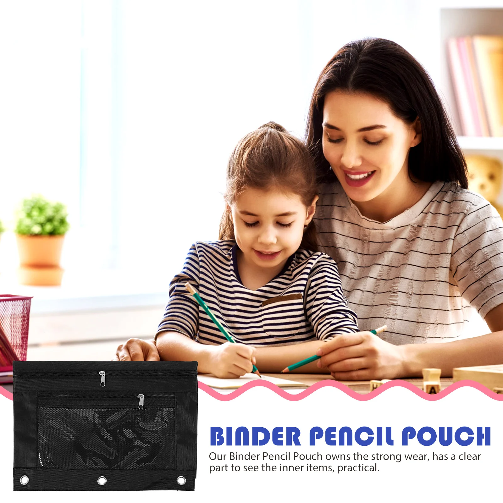 

Large Capacity Zippered Double Pocket Transparent Window 3 ring Binder Pen Bag Pencil Black Holder Storage Office Travel Desk