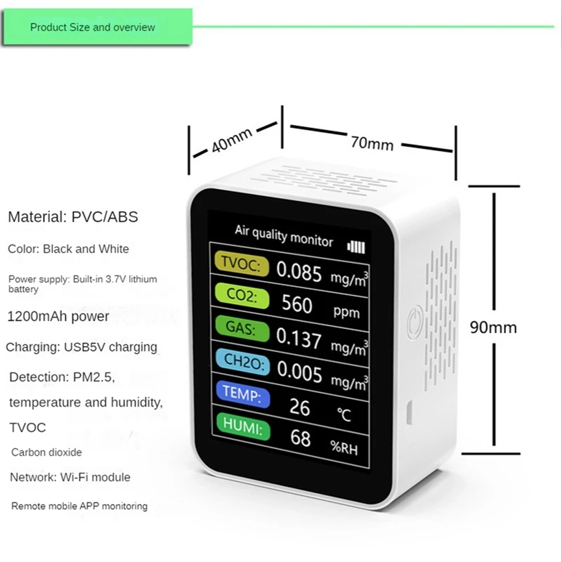 Tuya Smart Wifi CO2 Detector Sensor Air Quality Monitor TVOC CO2 Gas CH2O Temperature Humidity Meter Detector