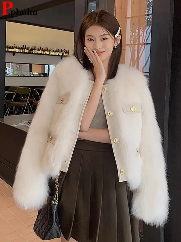 

Elegant Faux Rabbit Fur Warm Cropped Jacket Korean Chic Patchwork Women Soft Coat Casacas Casual Slim Winter High Grade Ceketler