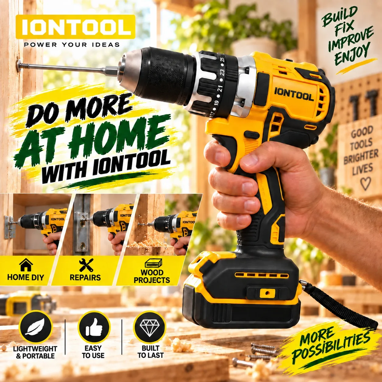 IONTOOL Yellow Cordless Drill 70N.m For Furniture Assembly and Cabinet Installation and Shelf Mounting and Wood Drilling