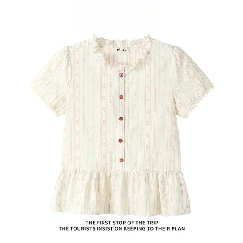 

Французская милая тонкая блузка с рюшами, женская летняя винтажная кружевная рубашка с круглым вырезом, пышные топы с короткими рукавами, корейская уличная рубашка Mori Girl Neww