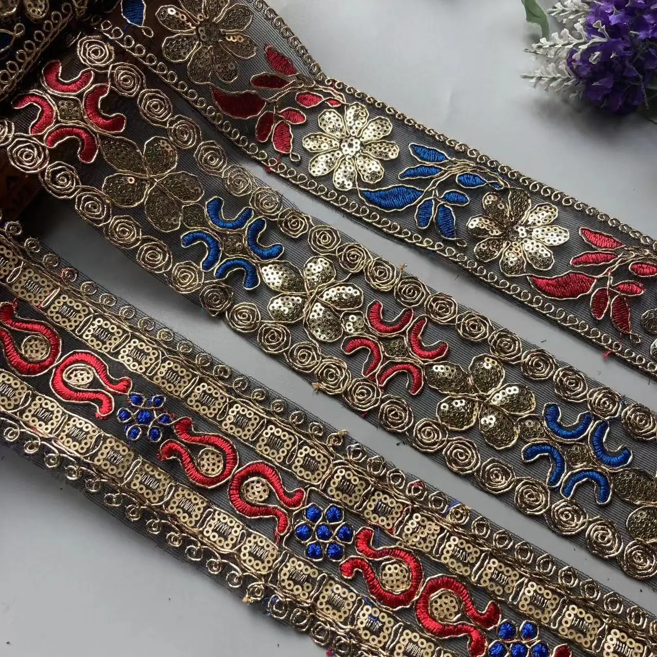 1 Yards Gold Sequin Red Lace Fabric Embroidery Flower Trims Floral Sequin Sewing for Bags Shoes Craft DIY Apparel Fabrics Swiss