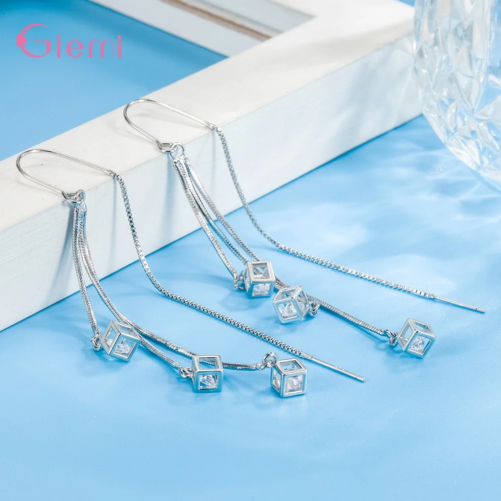 925 Sterling Silver Jewelry New Fashion Hot Sale Square Cube Cubic Zircon Stone Tassel Pendientes Earrings for Women Girls