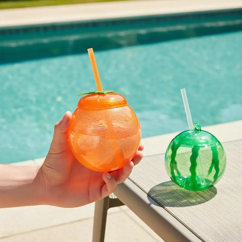 1/3Pcs Fruit Shaped Plastic Cup With Straw Cute Orange Watermelon Drinking Bottle For Summer Beach Party Home Use Beverage Cup