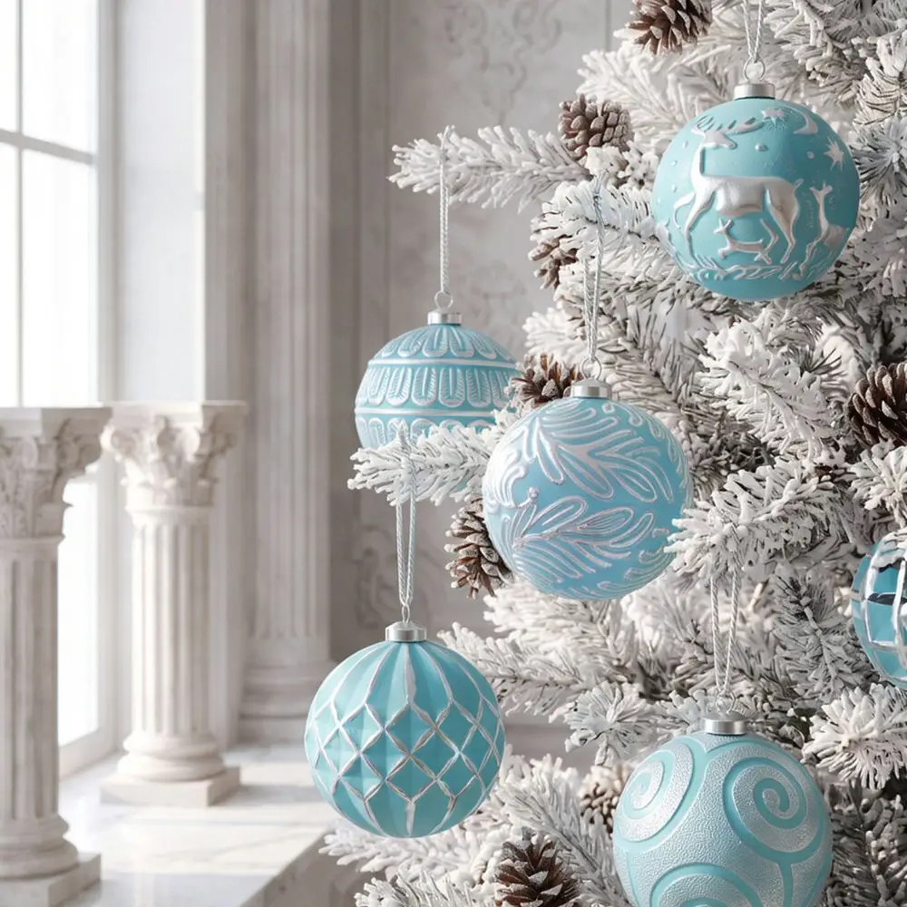 Exquisite Embossed Christmas Baubles Light Blue Silver Hanging Ornaments Holiday Tree Decor Party Gift Supplies