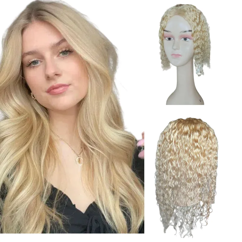 Human Remy Hair Topper Swiss Lace 13x14cm 10inch Deep Wave Hair Extensions Hand-Tied Color #1B P18-613 Wholesale