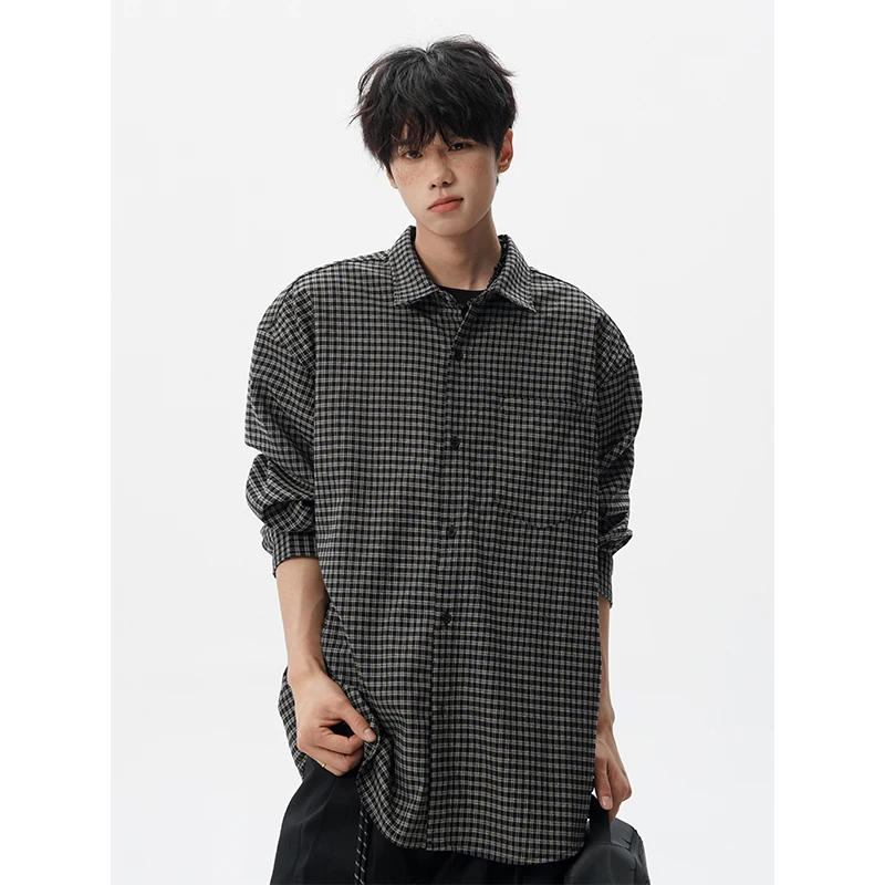 

Autumn Long Sleeved Shirt Men Retro Black Plaid Shirt Men Streetwear Korean Loose Vintage Casual Shirt Mens Fashion Shirts