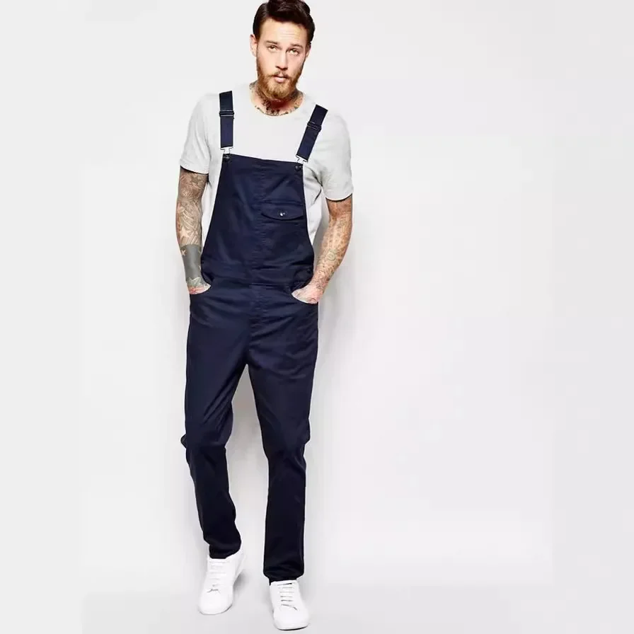 

2025 2024 New Men's Solid Fashion Pockets Denim Bib Overalls Loose Suspender Jeans Trousers Male Daily Classic Casual Jumpsuit