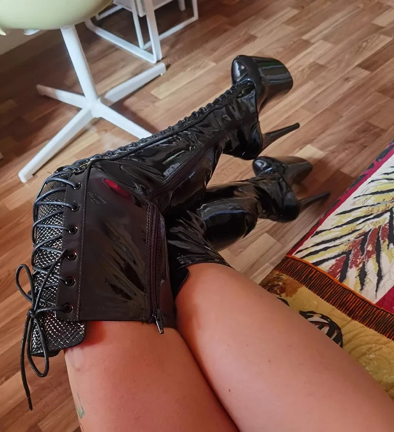 Sznurowany seksowny Model pokazuje PU górne 20CM/8 Cal damskie buty na platformie wysokie obcasy na imprezę buty do tańca na rurze 389