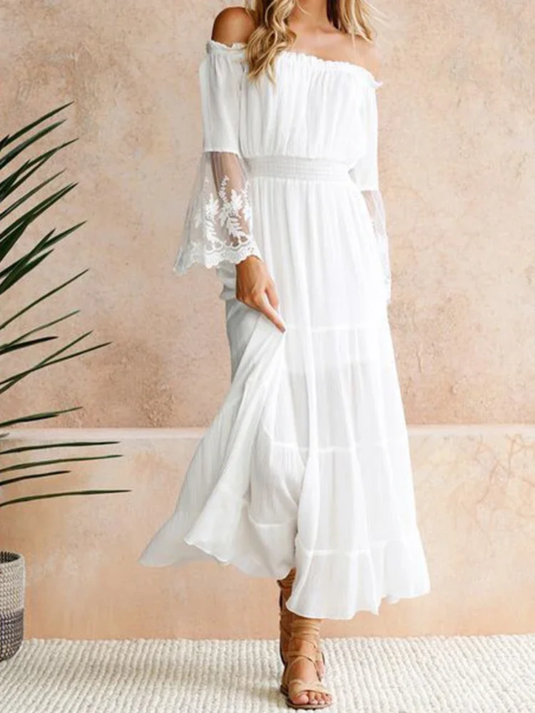 Vestido largo blanco elegante para mujer, vestido largo de encaje con espalda descubierta y hombros descubiertos, vestido veraniego bohemio para playa, Vestidos de vacaciones para mujer