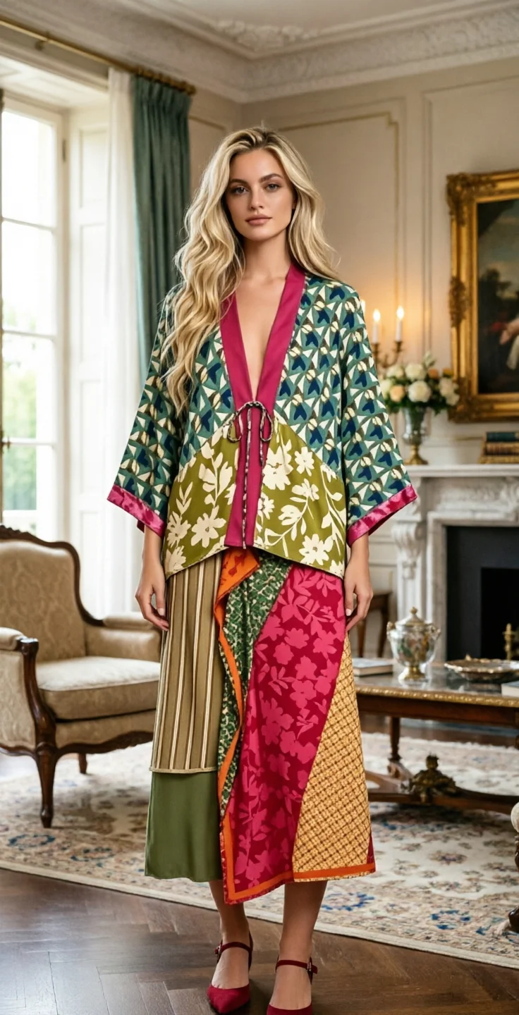 2026 Women Boho Patchwork Midi Skirt Colorful Mixed Floral Stripe Geometric Print Asymmetric Wrap Maxi Casual Vacation