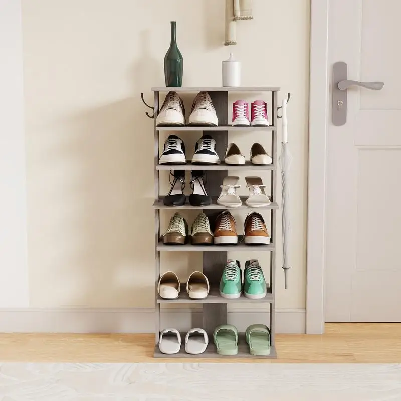 

7-Tier Shoe Storage Organizer with Hooks, Vertical Shoe Tower for 12-14 Pairs, Space-Saving Entryway Organizer in Rustic Gray,