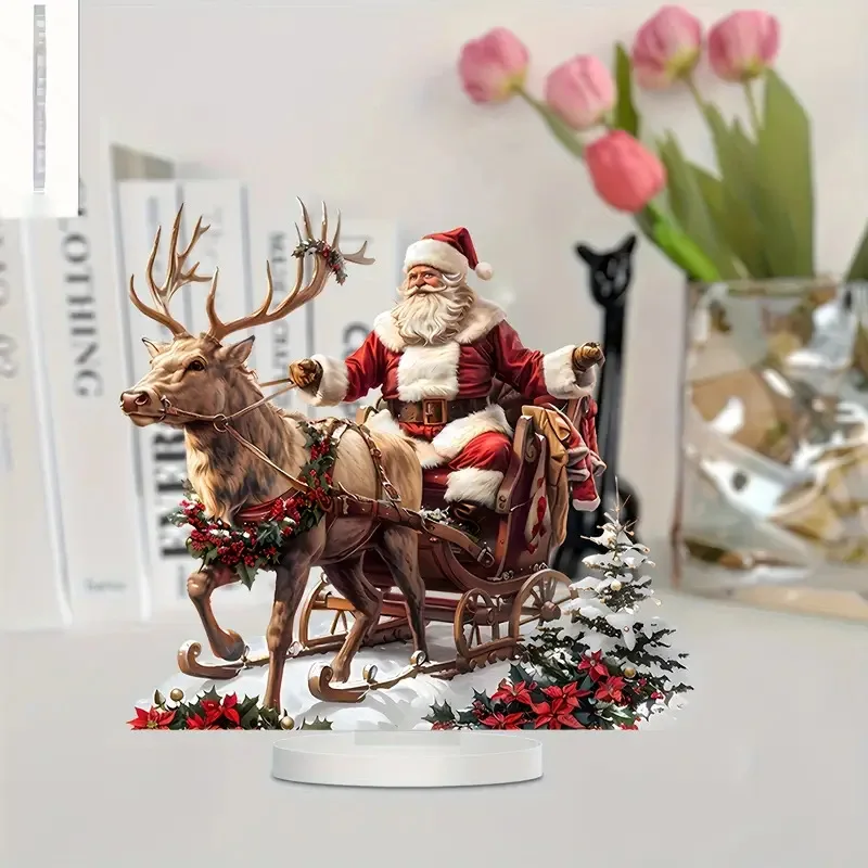 Christmas Reindeer Sleigh Santa Figurine 2D Acrylic Christmas Santa Claus on Sleigh with Reindeers Decorations Holiday Santa - Image 4
