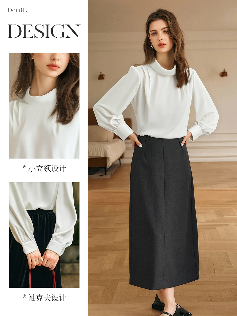 بلوزات نسائية أنيقة فرنسية من OLrain لخريف 2025 بياقة واقفة من الساتان وأكمام طويلة بلوفرات للسيدات ملابس نسائية M57QX000115