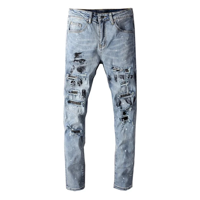 New Brand Men's Streetwear Crystal Ink Painted Ripped Jeans Fashion Light Blue Holes Skinny Stretch Denim Pencil Pants Trousers