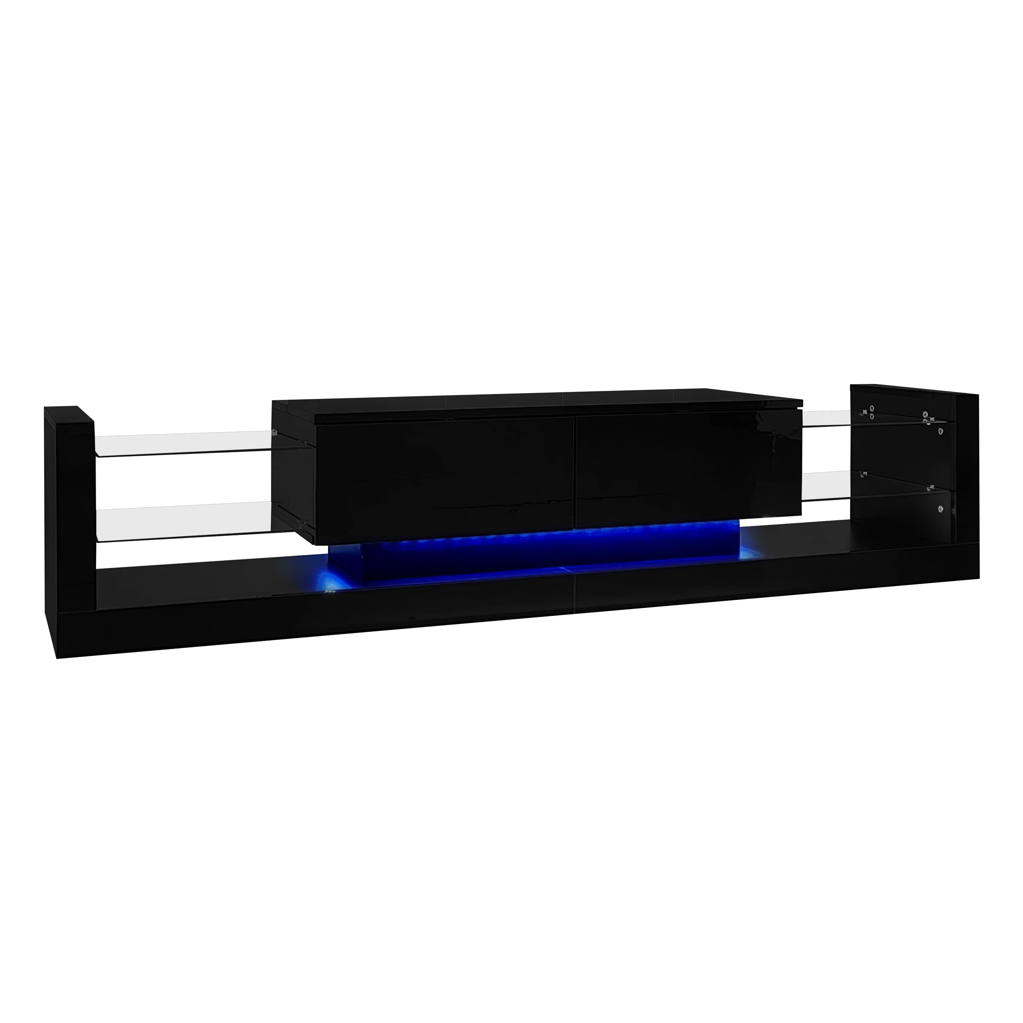 Hoogglans tv-meubel met LED-verlichting, 181 cm - Voor tv's tot 80 inch, glazen front, twee opklapbare laden
