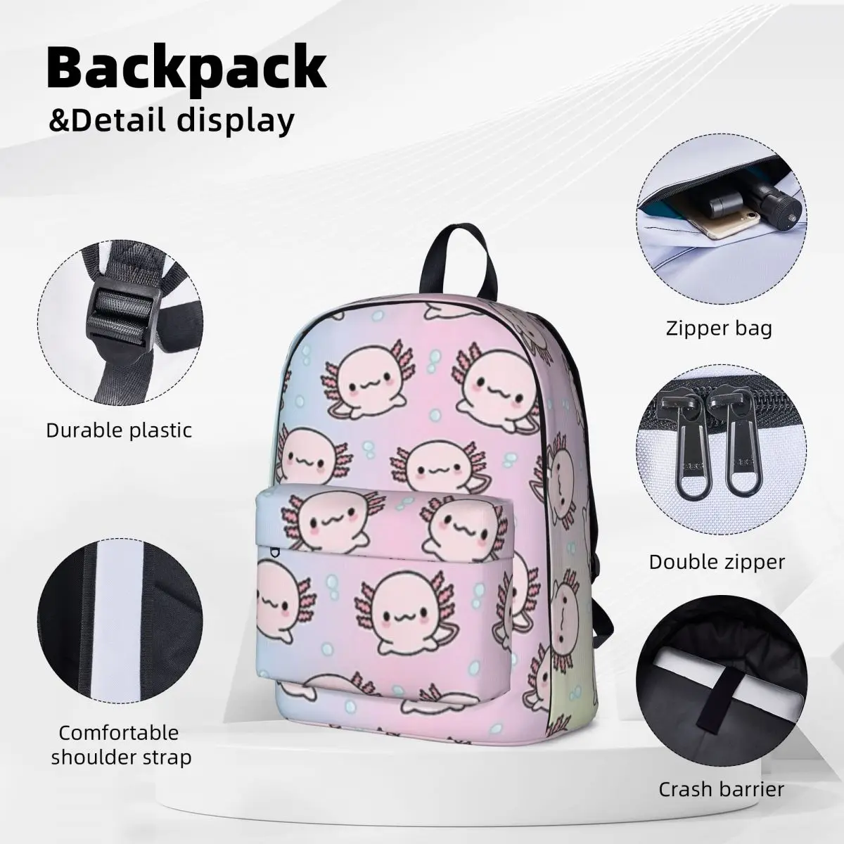 Cute Axolotl Backpack Backpacks Large Capacity Student Book bag Shoulder Bag Travel Rucksack Waterproof Children School Bag