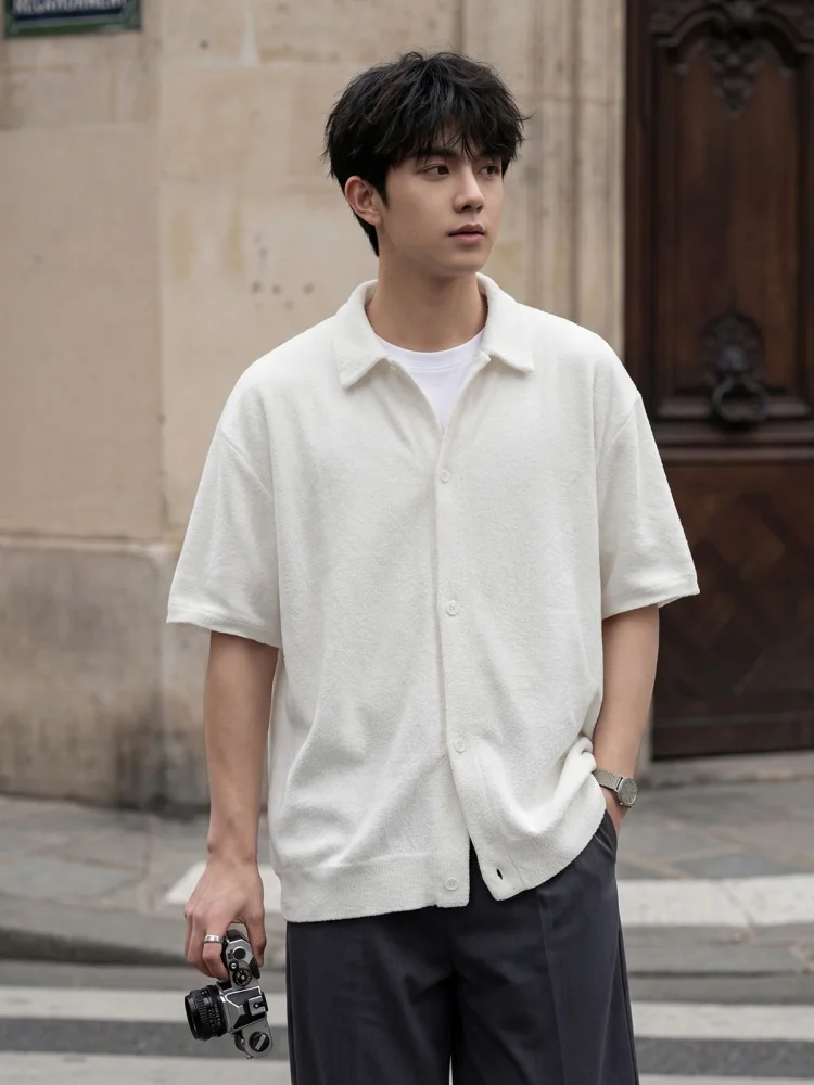 Chic Knitted Short-Sleeved Shirt for Men Breathable, Soft Relaxed-Fit Versatile Solid-Colour Oversized Shirt Jacket