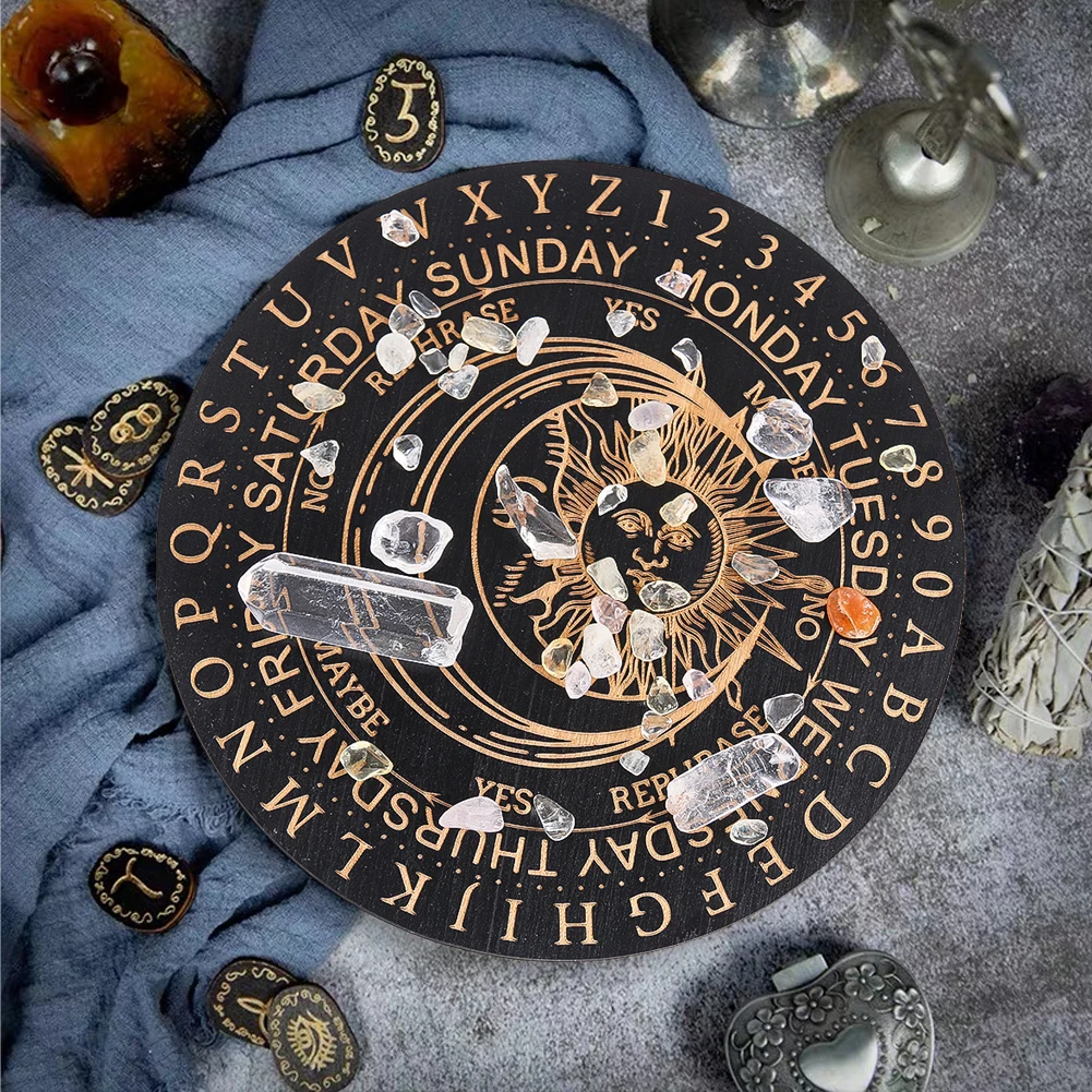 Black Wooden Pendulum Board  Laser Engraved Tarot Sun and Moon Motifs Dowsing Divination Plate Witchs Altar Supplies Home Decor