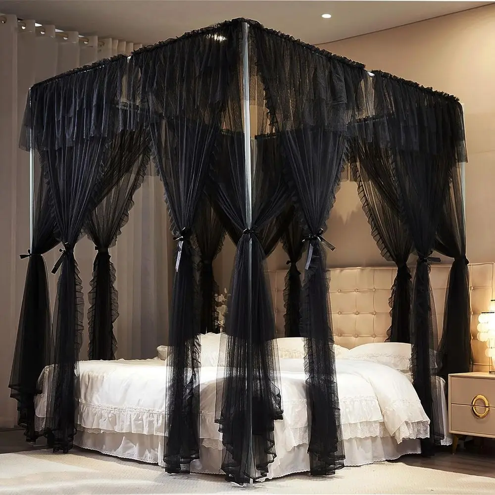 8-Panel Princess Canopy Curtains for Girls' Bed - Double Layer Mesh Drapes, Full Size (Black)