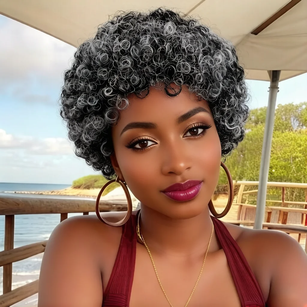 

Salt and Pepper Short Curly Human Hair Wig,Human Hair Afro Kinky Curly Wig, full machine made Natural Black & Gray Ombre Pixie