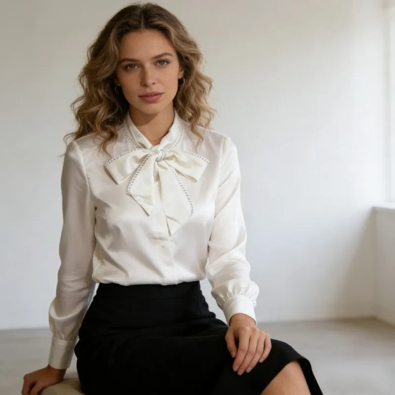 

Korean Sweet Elegant Solid Color Bow Long Sleeved Chiffon Shirt Spring and Autumn New Loose Versatile Women Commuting Shirt