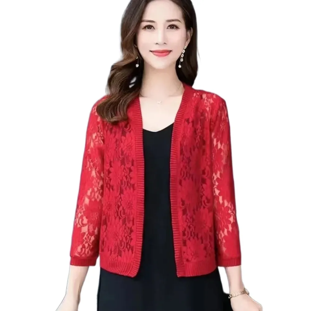 Extra Large Tie Up Summer Women's Cardigan Breathable Beach Air-Conditioning Shirt Floral Lace Mesh Shawl for Women
