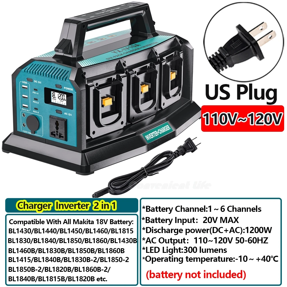 2-in-1 omvormer-oplader voor Makita 18V batterij Draagbare 1200W zuivere sinusomvormer 6A snellader 6 batterijpoorten DC naar AC 120/240V adapterconverter met 3 USB-A + 3 USB-C 300lm LED-lampen voor