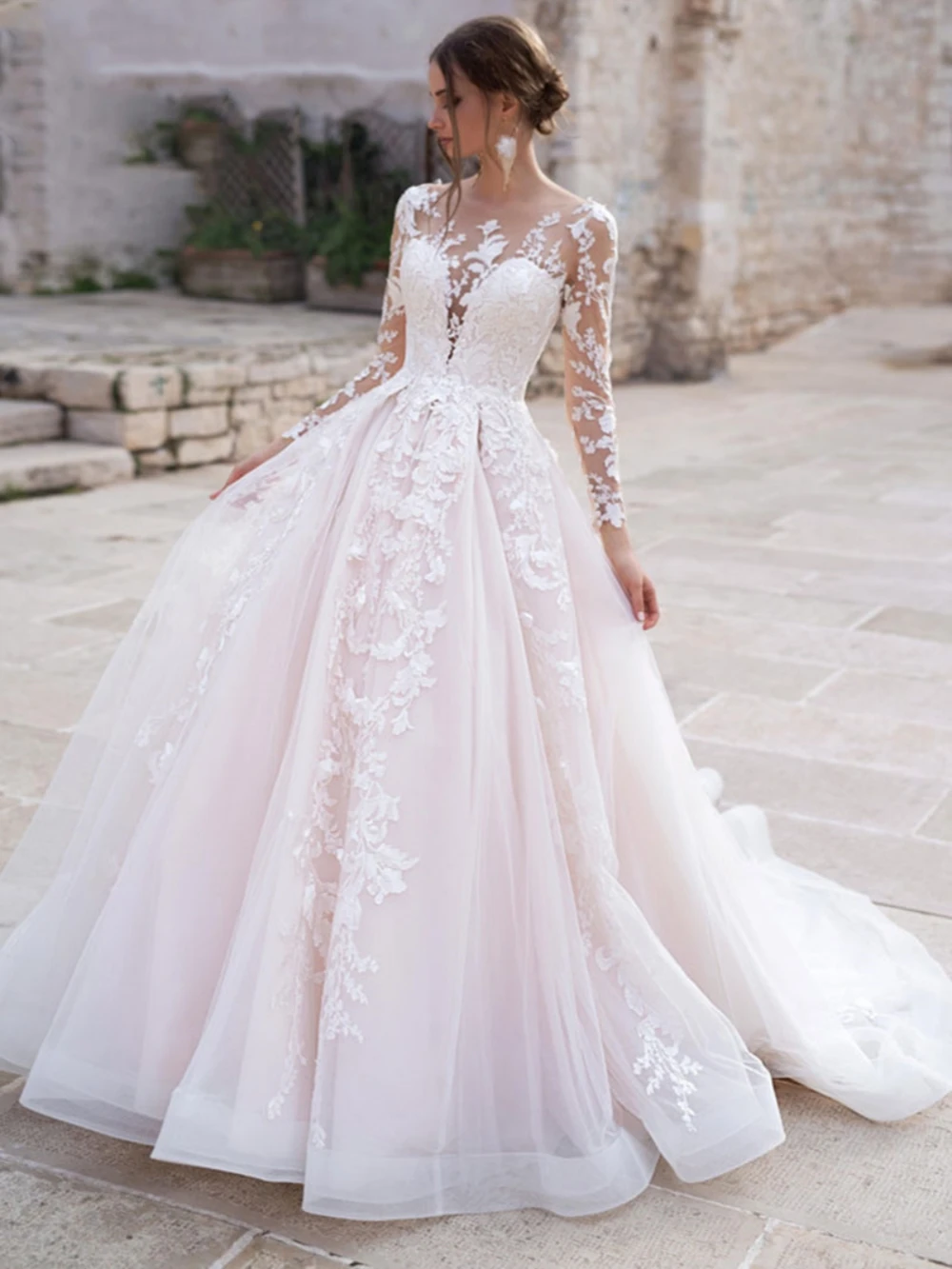 Klassisches O-Ausschnitt Langarm Brautkleid elegante Applikationen Kleid für Braut weiß a-Linie lange Brautkleid Robe de Mariée