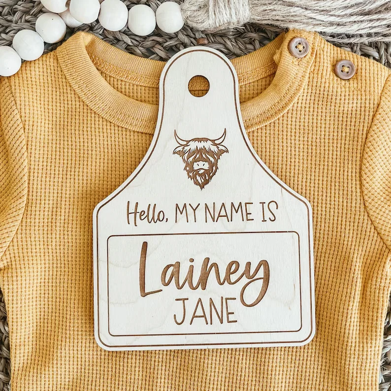 Personalized Wooden Baby Name Announcement Tag,Custom Hello My Name Is Sign,Newborn Photo Prop for Baby Shower Keepsake Gift
