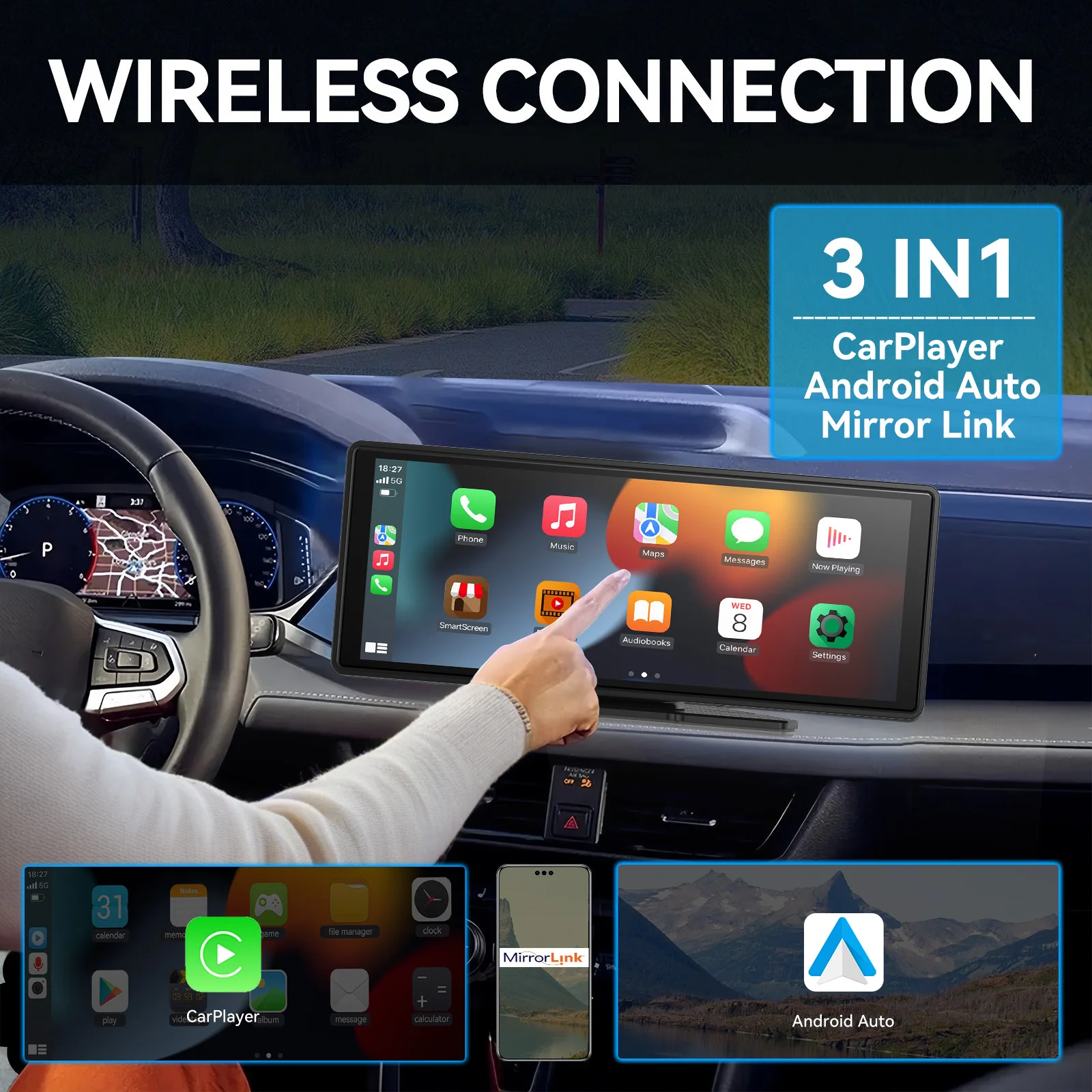Uniwersalny przenośny Carplay do ekranu samochodowego, bezprzewodowy ekran Carplay Bezprzewodowy samochodowy radioodtwarzacz z Carplay Android Auto, samochodowy ekran dotykowy