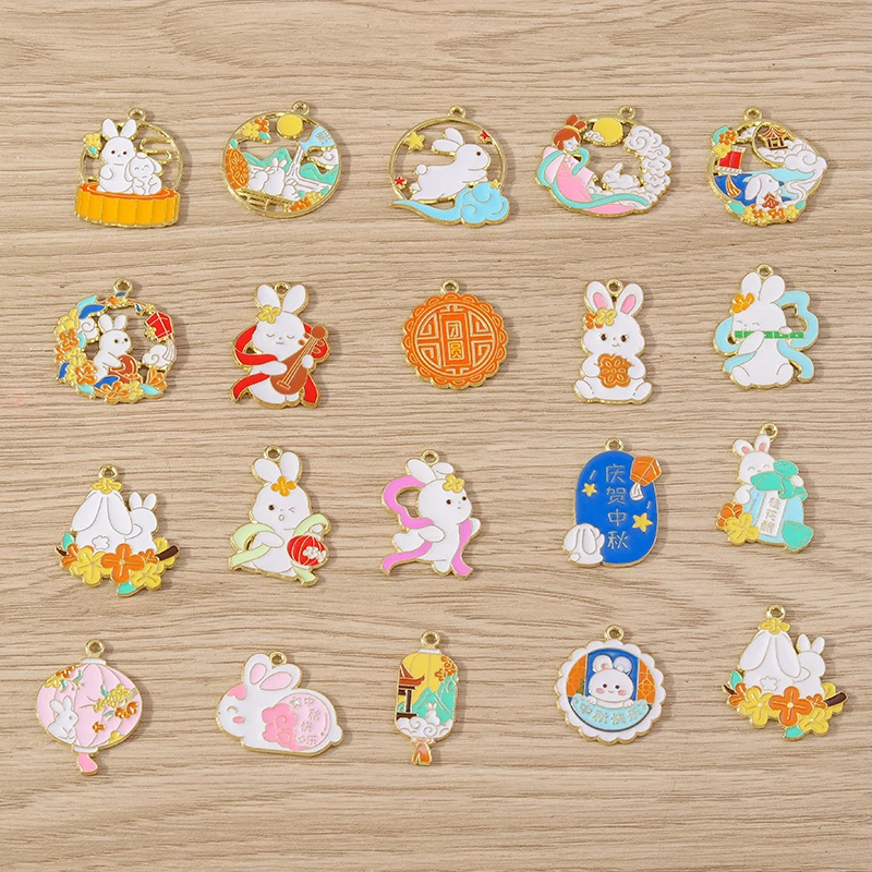 

10pcs Mix Cartoon Animal Rabbit Charms Enamel Mid-Autumn Festival Charms Pendant for Jewelry Making DIY Earrings Necklaces Gift